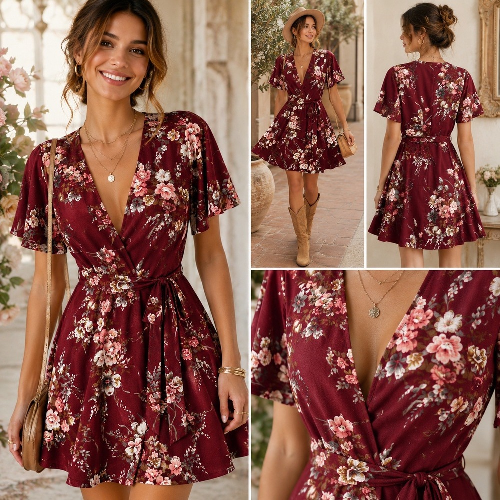 Shein Curve Burgundy Floral Wrap Dress Short Flutter Sleeve V-Neck 0XL Mini